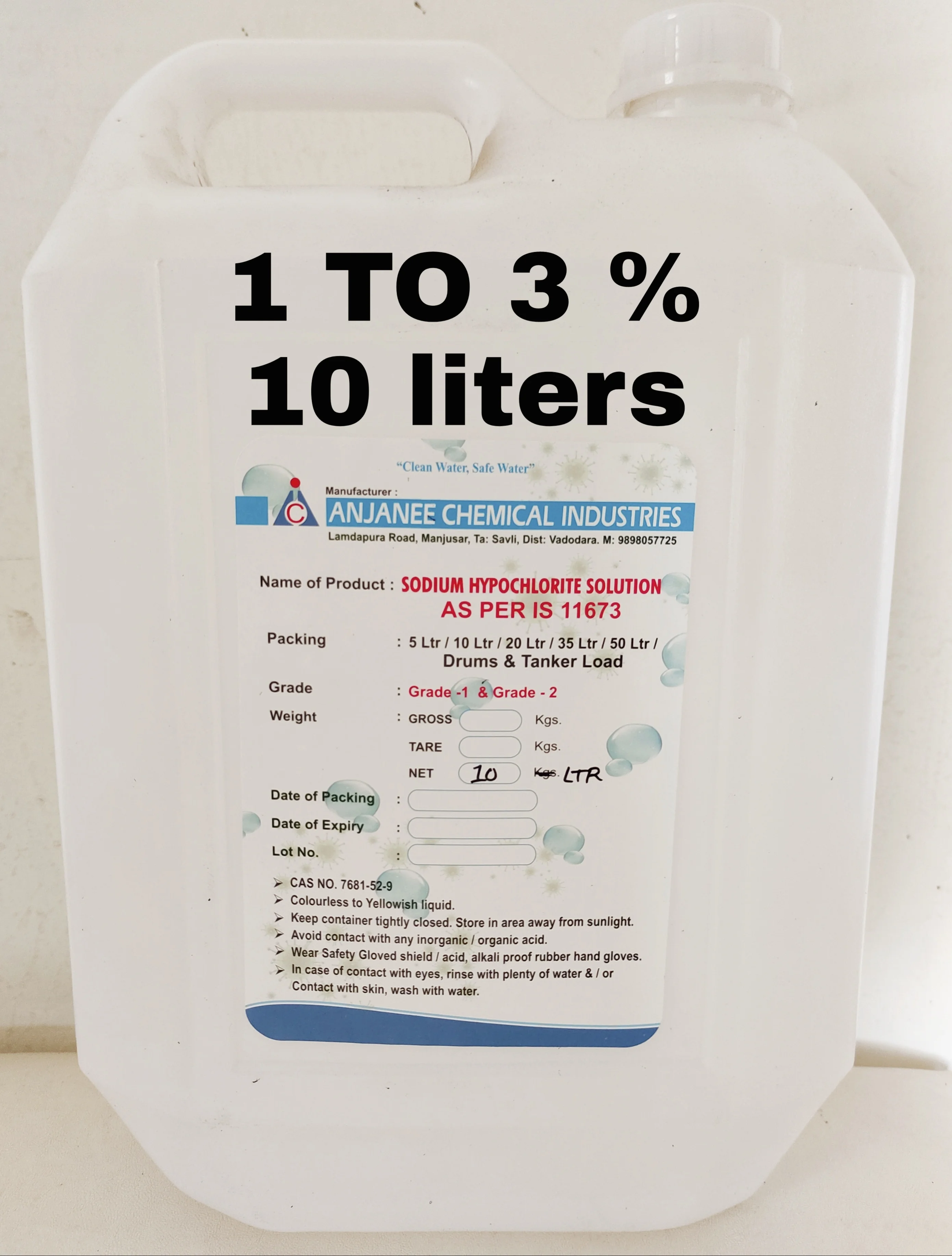 Sodium Hypochlorite - 1 TO 3 - 10liter